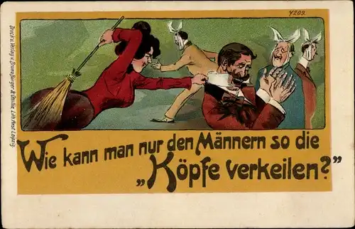 Litho Wie kann man nur den Männern so die Köpfe verkeilen, Frau schlägt Männer mit Besen