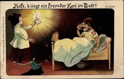 Künstler Litho Rudolf Wolf, Hilfe, 's liegt ein Fremder Kerl im Bett