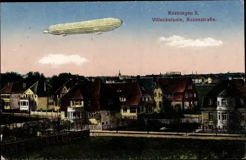 Ak Rüstringen Wilhelmshaven, Villenkolonie, Rosenstraße, Zeppelin Luftschiff