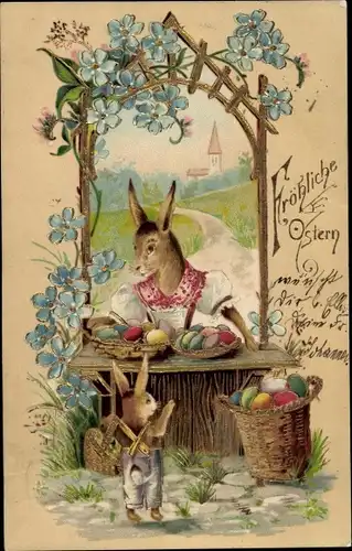 Präge Ak Glückwunsch Ostern, Hasenfrau, Verkaufsstand, Ostereier, Vergissmeinnicht