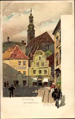 Künstler Ak Bahndorf, Jelenia Góra Hirschberg Riesengebirge Schlesien, Bahnhofstraße, Kirche