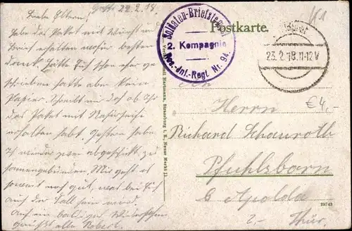 Ak Stempel Deutsche Feldpost 1. WK, 2. Kompagnie Res. Inf. Regt. Nr. 94