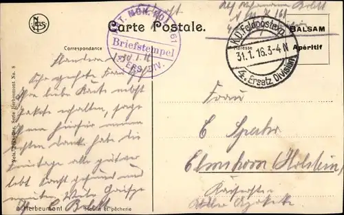 Ak Stempel Deutsche Feldpost 1. WK, 4. Ersatz Division, Abt. Mun. Kol. 161