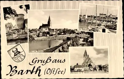 Ak Barth an der Ostsee, Fangelturm, Seglersteg, St. Marien, Marktplatz, Wappen