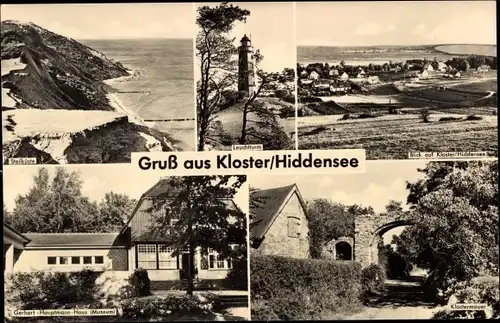 Ak Kloster Insel Hiddensee, Leuchtturm, Steilküste, Klostermauer, Gerhardt Hauptmann Haus, Museum