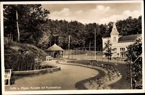 Ak Ostseebad Sellin auf Rügen, Kurpark mit Kurdirektion, Pavillon