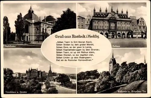 Ak Hansestadt Rostock, Rathaus, Stadttheater, Ständehaus, Steintor, Wallpartie mit Kröpeliner Tor