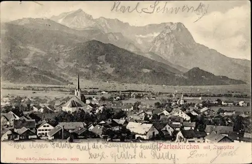 Ak Garmisch Partenkirchen in Oberbayern, Ortsansicht mit Zugspitze