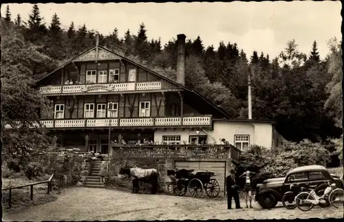 Ak Tabarz Thüringer Wald, Schweizerhaus, Bruno Heiseler, Kutsche, Auto, Motorrad