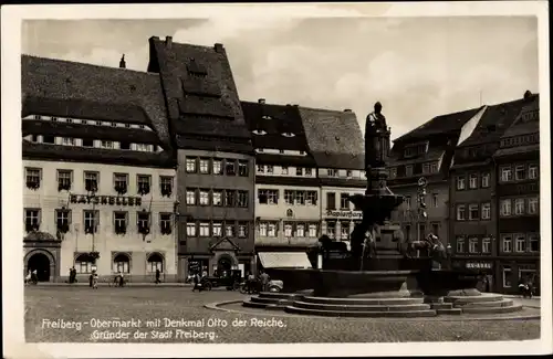 Ak Freiberg in Sachsen, Obermarkt, Denkmal Otto der Reiche, Gründer der Stadt Freiberg, Ratskeller