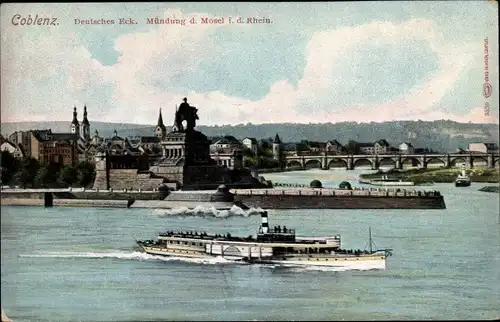 Ak Koblenz am Rhein, Deutsches Eck, Mündung der Mosel in den Rhein, Schiff