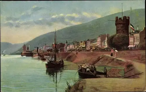Künstler Ak Hoffmann, H., Rüdesheim am Rhein, Panorama, Schiffe, Turm
