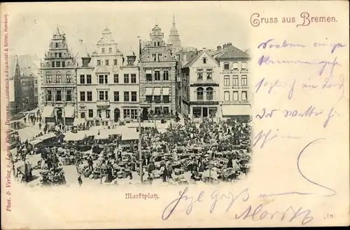 Ak Hansestadt Bremen, Marktplatz, Giebelhäuser, Marktstände