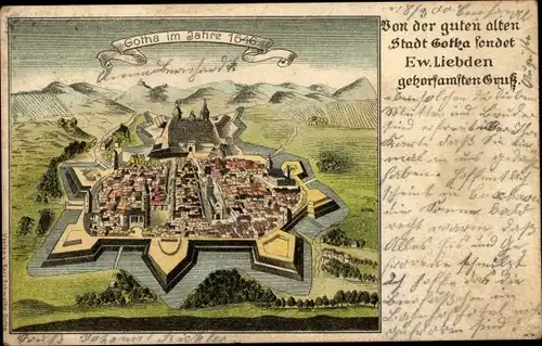 Litho Gotha in Thüringen, Gotha im Jahre 1646, Stadtansicht