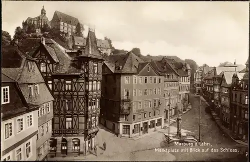Ak Marburg an der Lahn, Marktplatz mit Blick auf das Schloss