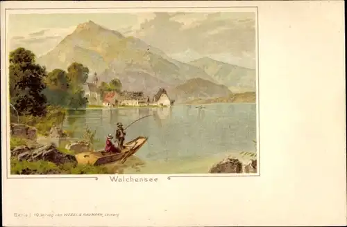 Litho Walchensee Kochel am See, Panorama, Ruderboot, Angler