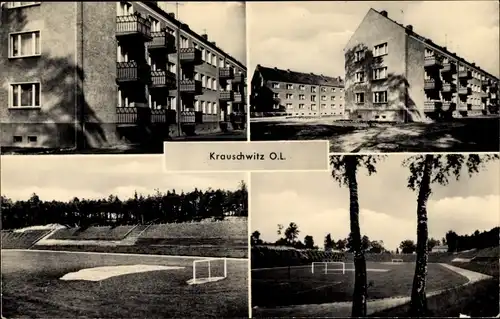 Ak Krauschwitz in der Oberlausitz, Wohnhäuser, Sportplatz