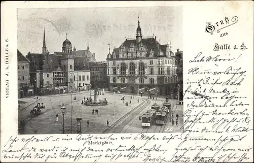 Ak Halle an der Saale, Marktplatz mit Denkmal und Straßenbahnen