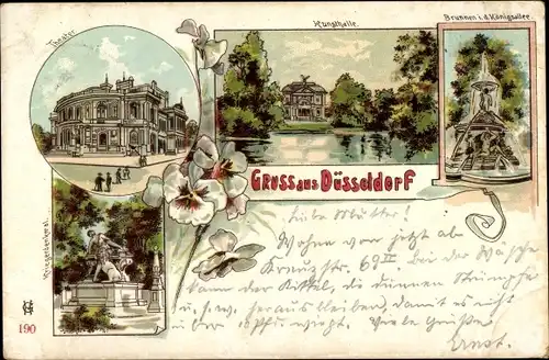 Litho Düsseldorf am Rhein, Kunsthalle, Brunnen i.d. Königsallee, Theater, Kriegerdenkmal