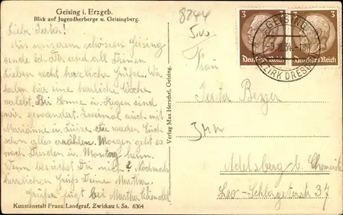 Ak Geising Altenberg im Erzgebirge, Blick auf Jugendherberge u. Geisingberg