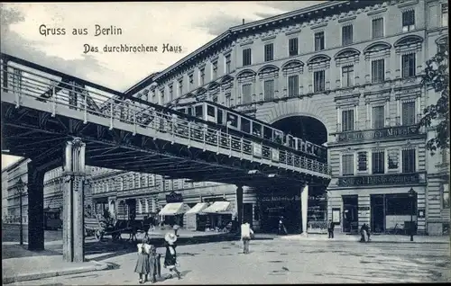 Ak Berlin Schöneberg, das durchbrochene Haus, Bülowstraße, Hochbahn, Kutsche