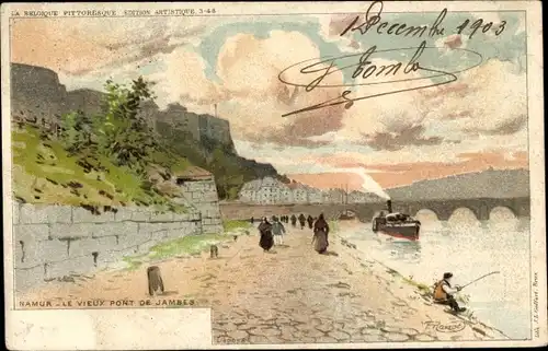 Künstler Litho Ranot, F., Namur Wallonien, Le Vieux Pont de Jambes, Angler
