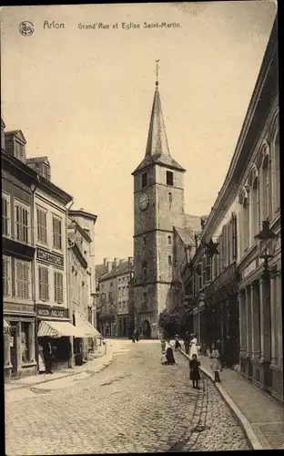 Ak Arlon Arel Wallonien Luxemburg, Grand' Rue et Eglise Saint Martin, Passanten