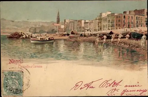 Litho Napoli Neapel Campania, Marinella al Carmine, Bucht, Boot