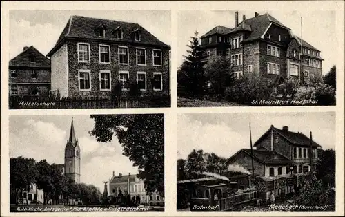 Ak Medebach im Sauerland, St. Mauritius Hospital, Bahnhof, Güterzug, Mittelschule, Kirche, Markt