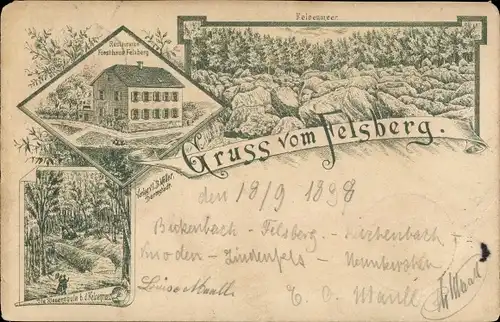 Litho Felsberg Lautertal im Odenwald, Felsenmeer, Restaurant Forsthaus Felsberg, Riesensäule