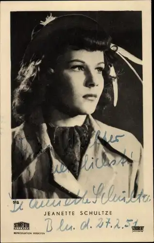 Ak Schauspielerin Jeanette Schultze, Portrait, Autogramm