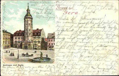 Litho Gera in Thüringen, Rathaus und Markt