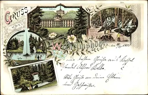 Litho Bad Wilhelmshöhe Kassel, Schloss, Fontäne, Teufelsbrücke, Wasserfall
