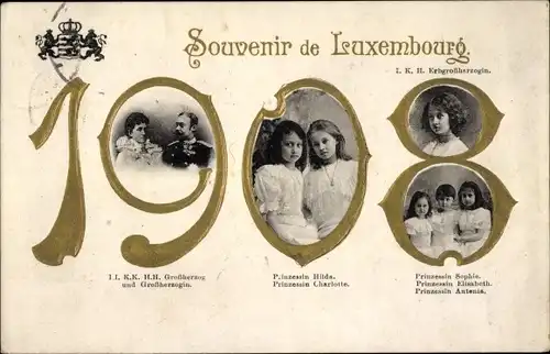 Präge Passepartout Ak Großherzog u. Großherzogin von Luxemburg, Erbgroßherzogin, Prinzessinnen, 1908