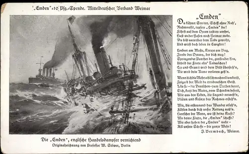 Künstler Gedicht Ak Stöwer, Willy, Deutsches Kriegsschiff, SMS Emden, Kleiner Kreuzer