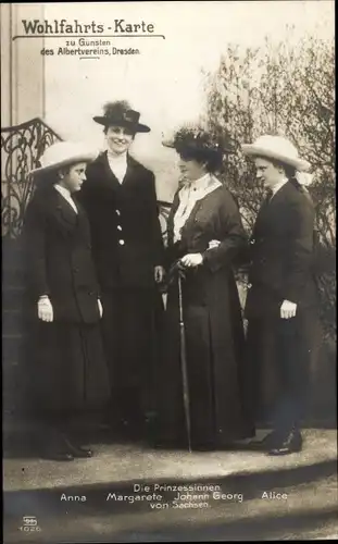 Ak Prinzessinnen Anna, Margarete, Alice, Johann Georg von Sachsen, Wohlfahrtskarte, Albertverein