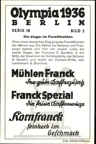 Sammelbild Olympia 1936, Serie 18 Bild 2, Florettfechter Gardere, Gaudini, Bocchino, Franck-Kaffee