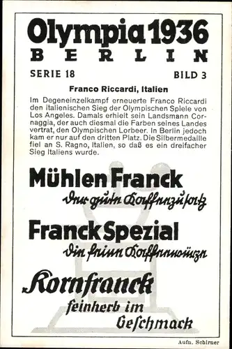 Sammelbild Olympia 1936 Serie 18 Bild 3, Der italienische Fechter Franco Riccardi, Franck Kaffee