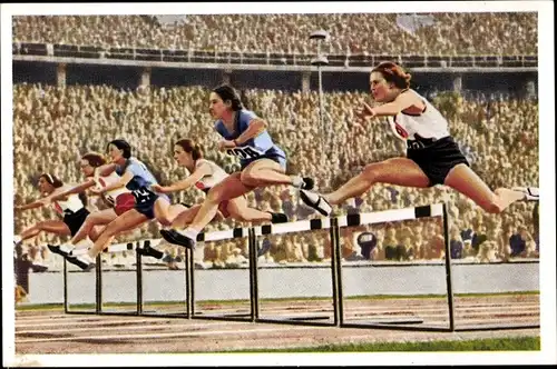Sammelbild Olympia 1936, Serie 17 Bild 5, 80m Hürdenlauf der Frauen, Franck-Kaffee
