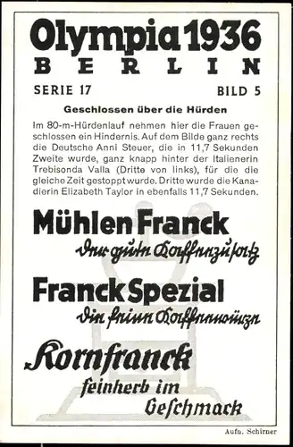 Sammelbild Olympia 1936, Serie 17 Bild 5, 80m Hürdenlauf der Frauen, Franck-Kaffee