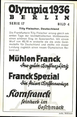 Sammelbild Olympia 1936 Serie 17 Bild 4, Die deutsche Speerwerferin Tilly Fleischer, Franck Kaffee