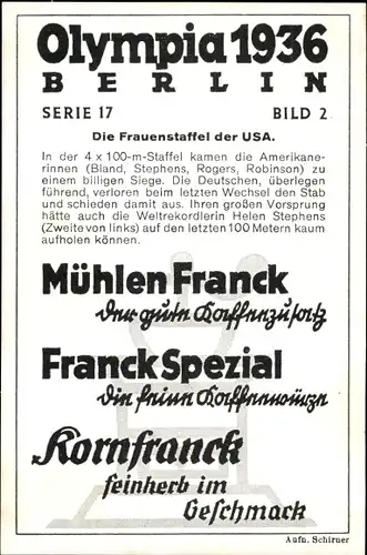 Sammelbild Olympia 1936 Ser. 17 2 Frauenstaffel USA Bland, Stephens, Rogers, Robinson, Franck-Kaffee