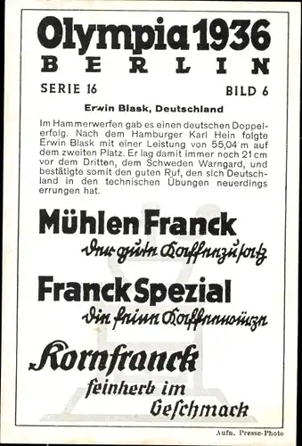 Sammelbild Olympia 1936 Serie 16 Bild 6, Der deutsche Hammerwerfer Erwin Blask, Franck Kaffee