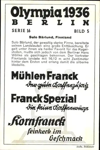 Sammelbild Olympia 1936 Serie 16 Bild 5, Der finnische Kugelstoßer Sulo Bärlund, Franck Kaffee