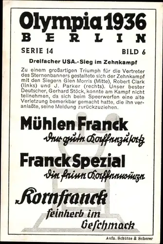 Sammelbild Olympia 1936 Serie 14 Bild 6 Siegerehrung Zehnkampf, Morris, Clark, Parker, Franck Kaffee