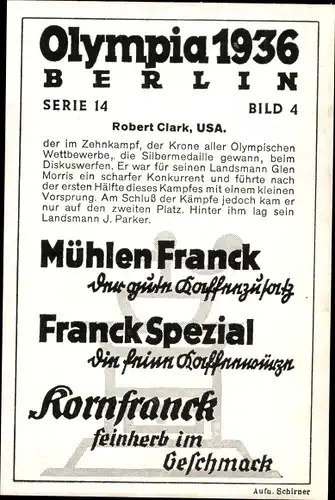 Sammelbild Olympia 1936, Serie 13 Bild 6, Diskuswerfer Robert Clark, USA, Franck Kaffee