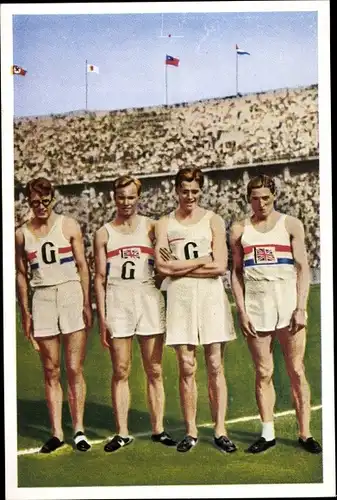 Sammelbild Olympia 1936, Serie 13 Bild 6, britische 4x400m Staffel, Wolff, Rampling, Roberts, Brown