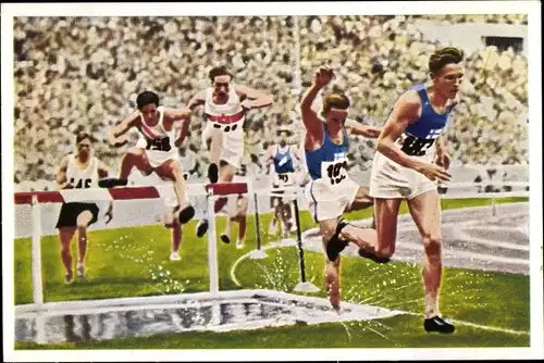 Sammelbild Olympia 1936, Serie 13 Bild 2, 3000m Hindernislauf, Iso Hollo, Dompert, Franck-Kaffee