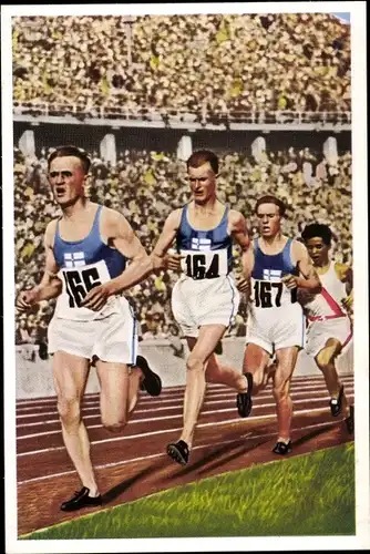 Sammelbild Olympia 1936, Serie 12 Bild 6, 10000m-Lauf, Salminen, Askola, Iso Hollo, Franck Kaffee