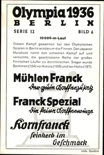Sammelbild Olympia 1936, Serie 12 Bild 6, 10000m-Lauf, Salminen, Askola, Iso Hollo, Franck Kaffee